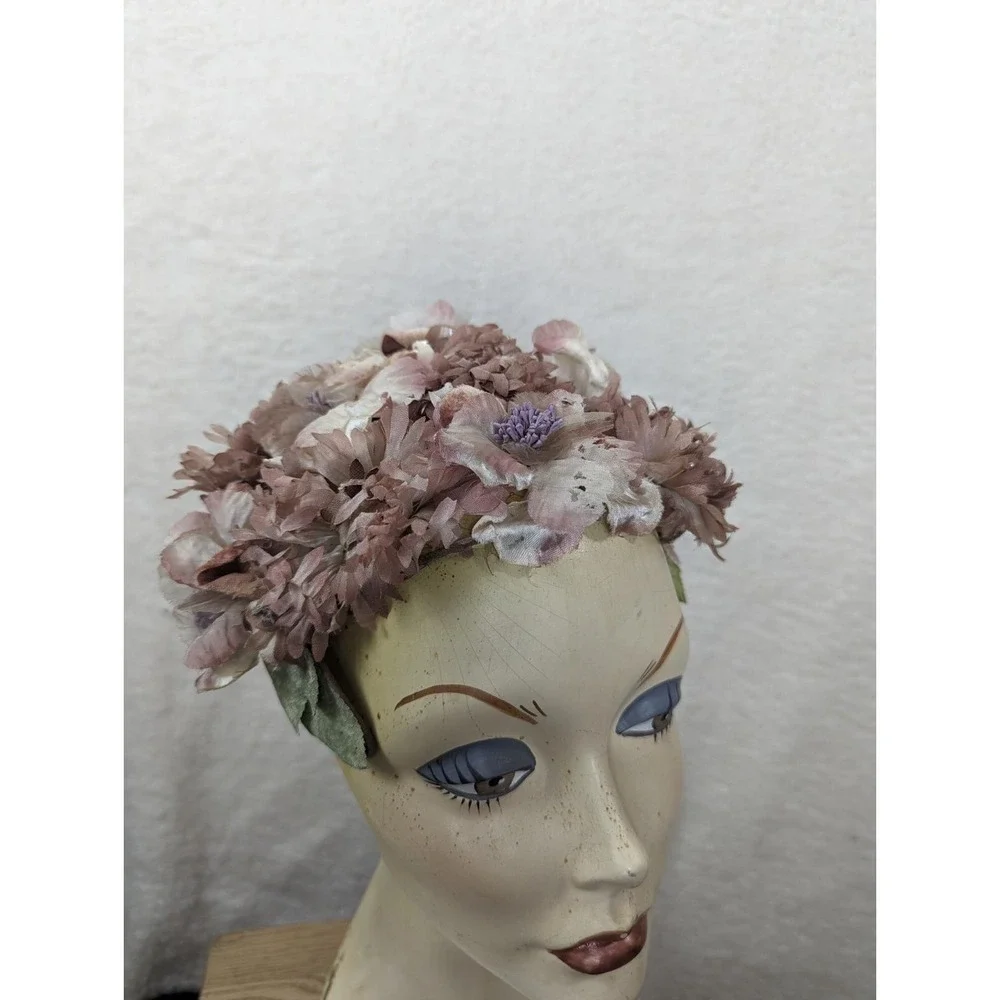 Vtg 1960s Floral‎ Half Hat Purple Lavender Japan Gorgeous Wedding Flowers Mod